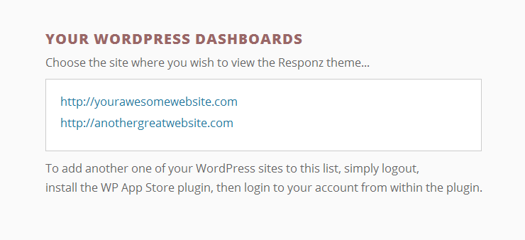 This page allows you to select one of your WordPress websites.